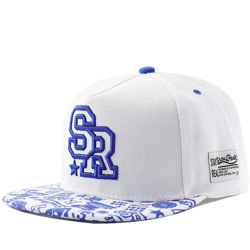 Cotton baseball hat with letter embroidery in SR white colour showing dome crown style