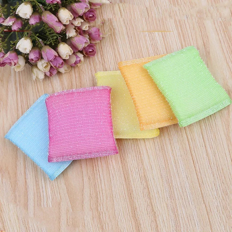 Macaron coloured pinstripe fabric dishwashing sponge mop with plastic handle on a kitchen surface.