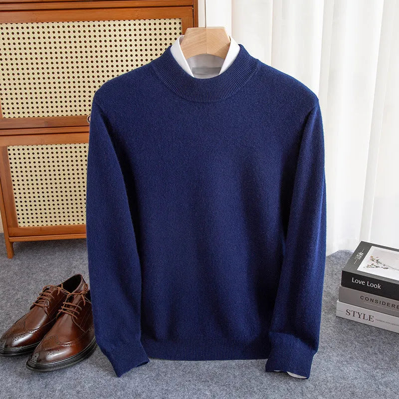 Men's half-collar wool sweater in loose fit showing colour options including black, brown and camel
