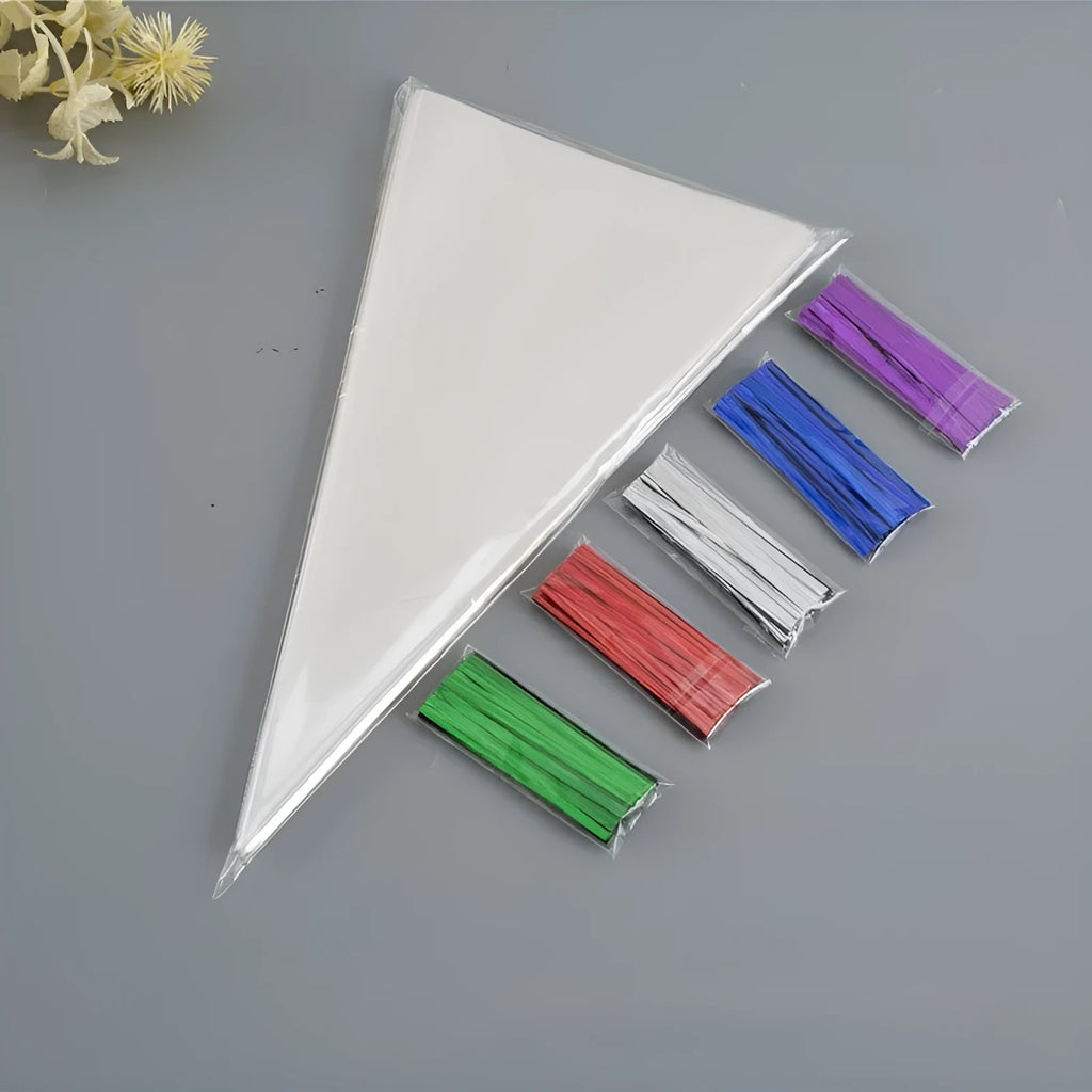 Triangle clear plastic packaging bags with metal wire ties in three different sizes