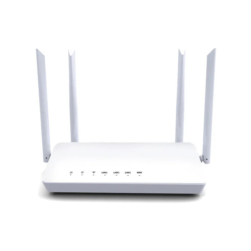 Portable 300 metre white Wi-Fi router showing Ethernet ports and compact metal casing.