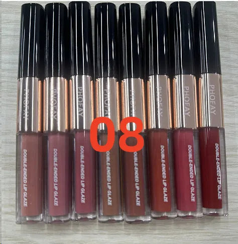 C-L021 double-head non-stick cup lip gloss showing two applicator tips and available in eight colour shades