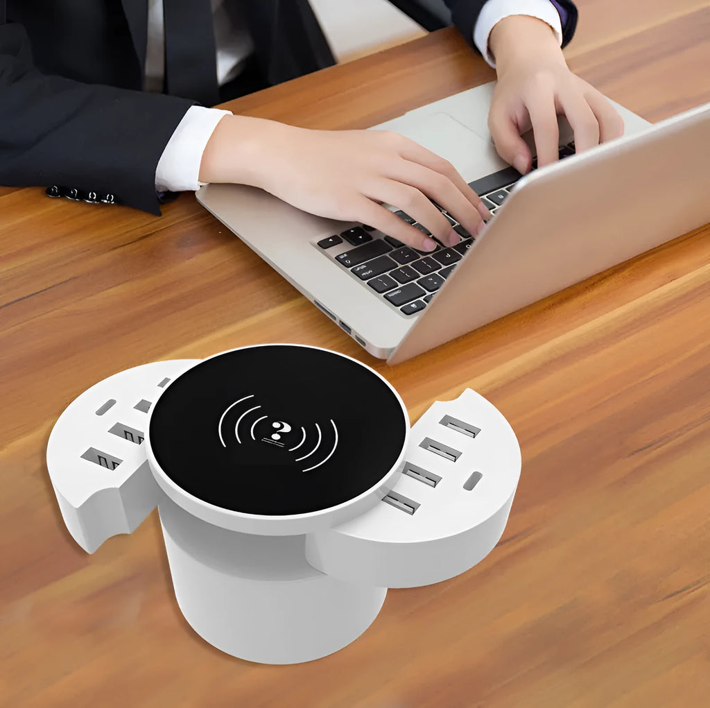 Ceramic white circular wireless charger with cable and international adapters for EU UK US outlets