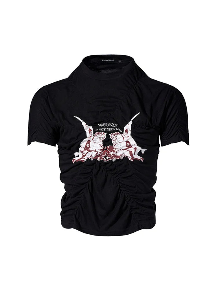 Black men's slim fit short sleeve shirt with printed design and round neck collar.