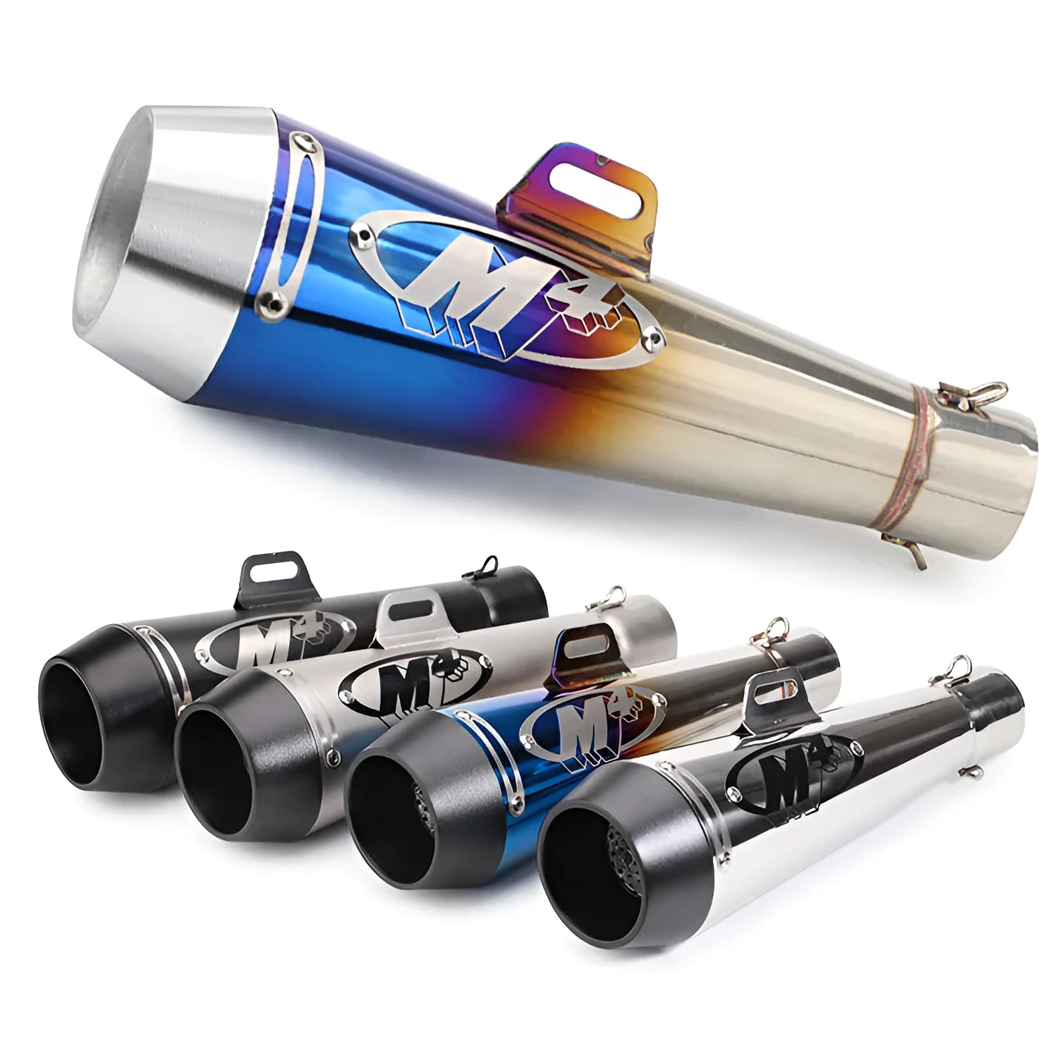 Universal M4 motorcycle exhaust pipe in multiple finish options including black, white steel, titanium and blue