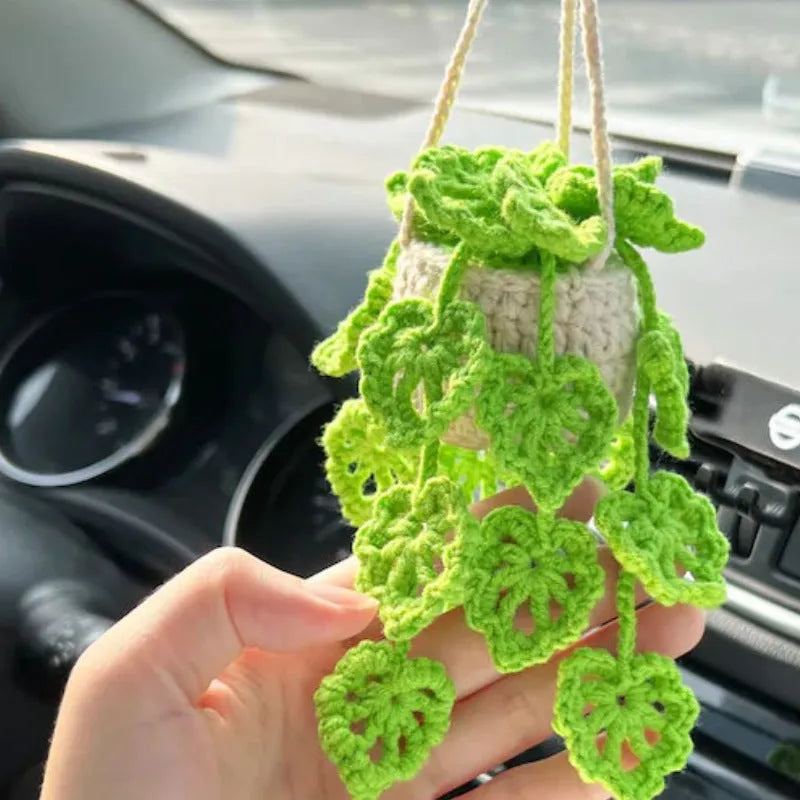 Green and white knitted car plant ornament with hanging rope for dashboard or mirror decoration