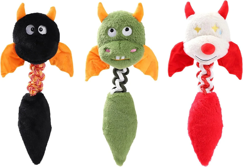 Soft plush dog toy with cartoon design in black, green, or red, showing size scale.