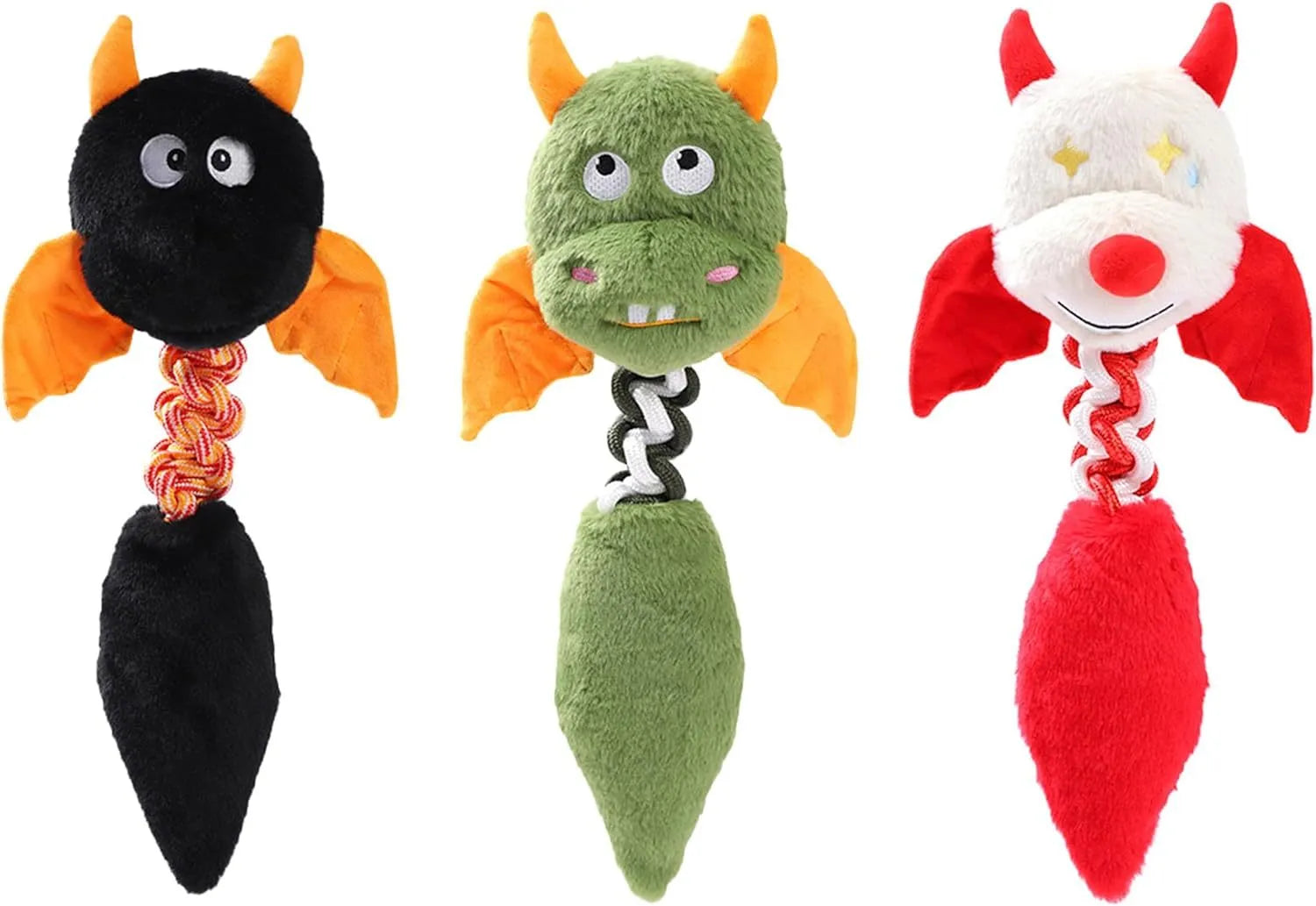 Soft plush dog toy with cartoon design in black, green, or red, showing size scale.