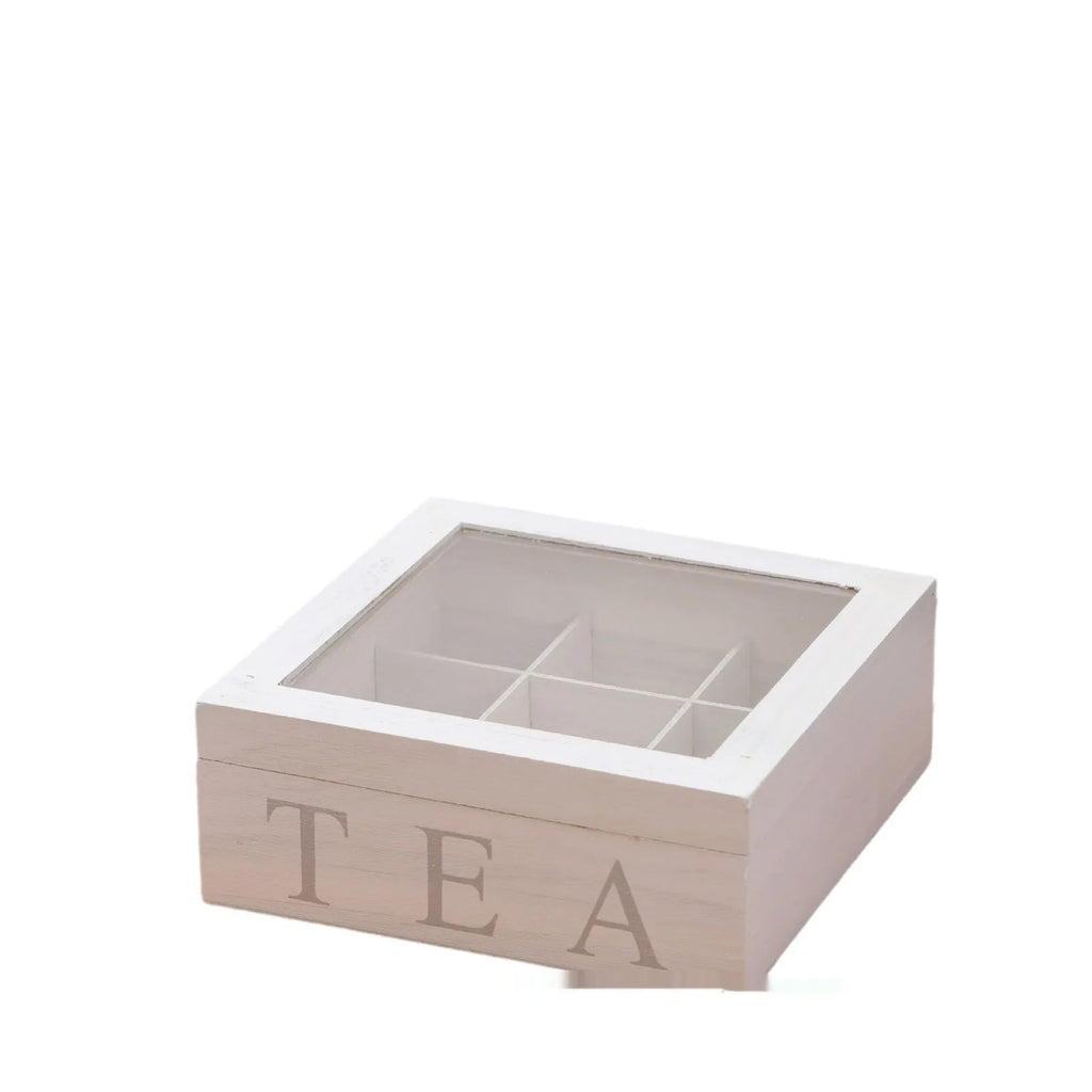 White wooden multi-grid coffee storage box with transparent cover on a desk