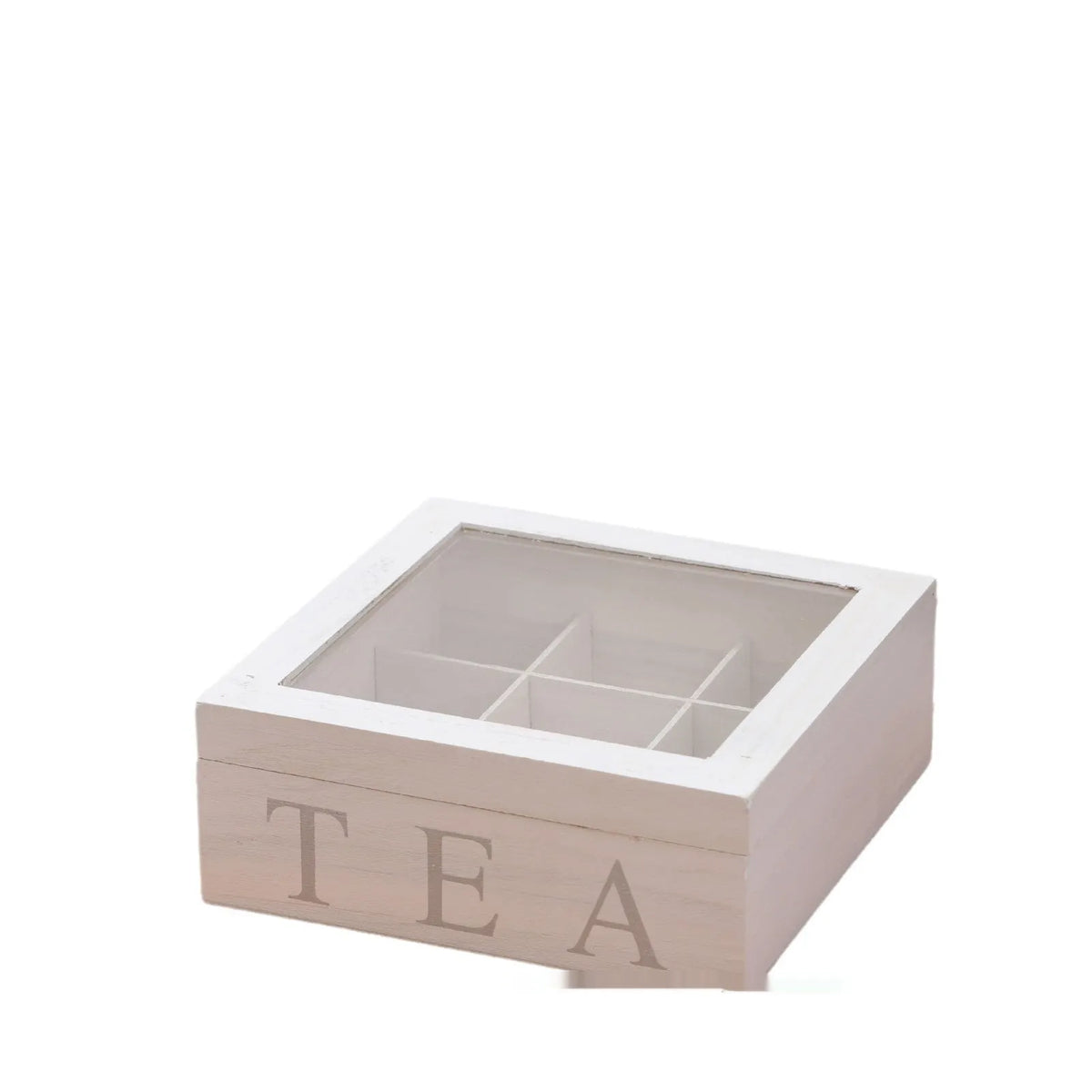 White wooden multi-grid coffee storage box with transparent cover on a desk