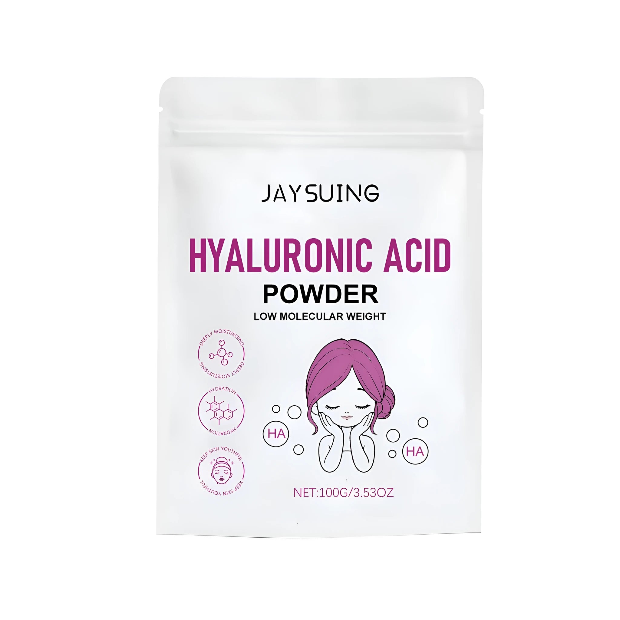 A 100g tub of hyaluronic acid powder mask with ingredients including kaolin clay and silica