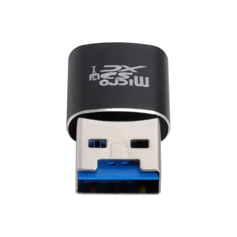 Black USB 3.0 card reader for Micro SD and SD memory cards on a grey background.