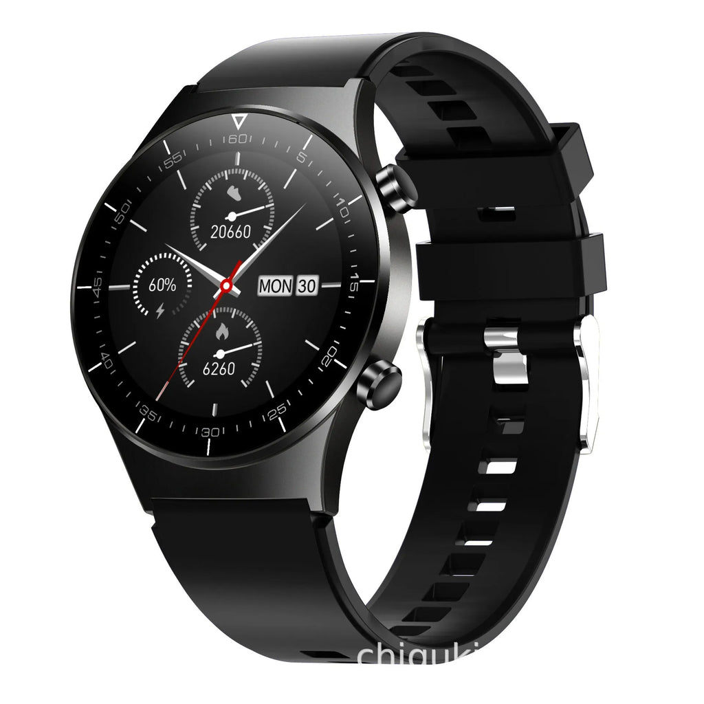 Black smart watch with astronaut bracelet on wrist, showing a 1.28-inch touchscreen displaying heart rate data.