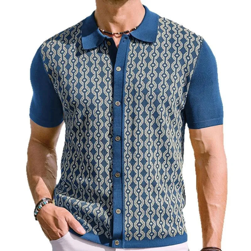 Men's summer Tencel short-sleeved lapel jacquard cardigan in black with geometric pattern