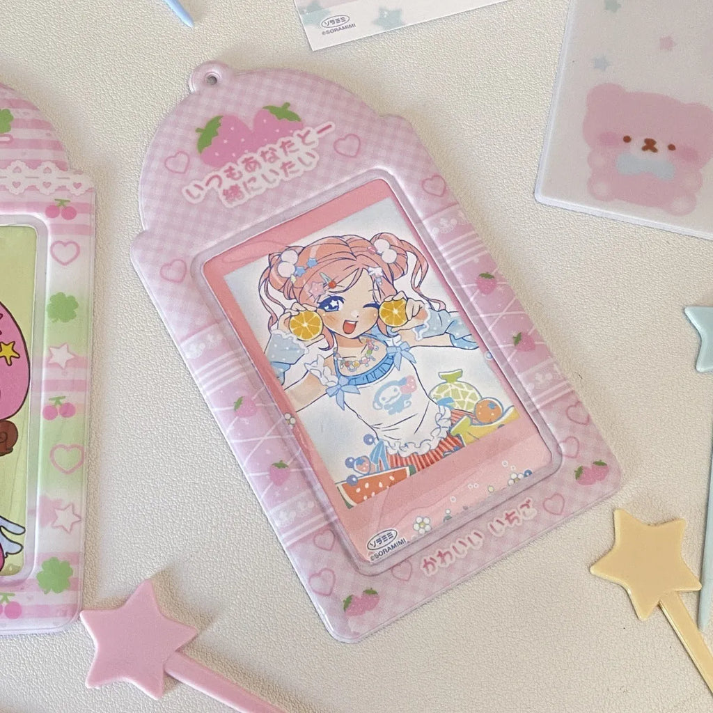 PVC meal card holder with strawberry design measuring 7.6cm by 13.6cm