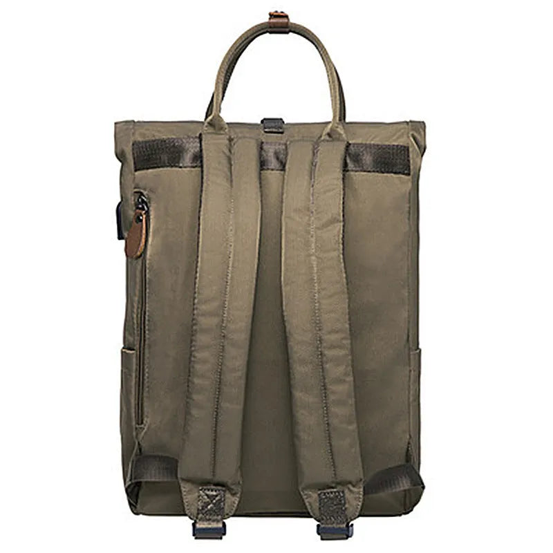 Casual black polyester backpack showing cover opening and front design.