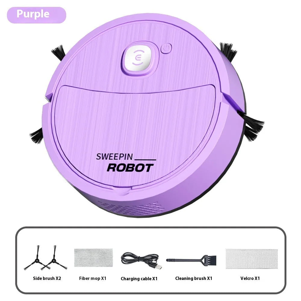 Mini sweeping robot vacuum in white with edge brush and fibre mop on hard floor