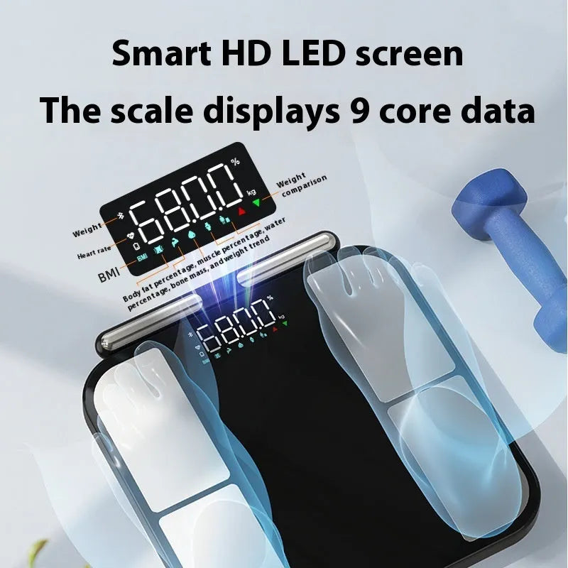 Black electronic weighing scale with tempered glass platform showing body fat and moisture measurements on colour screen