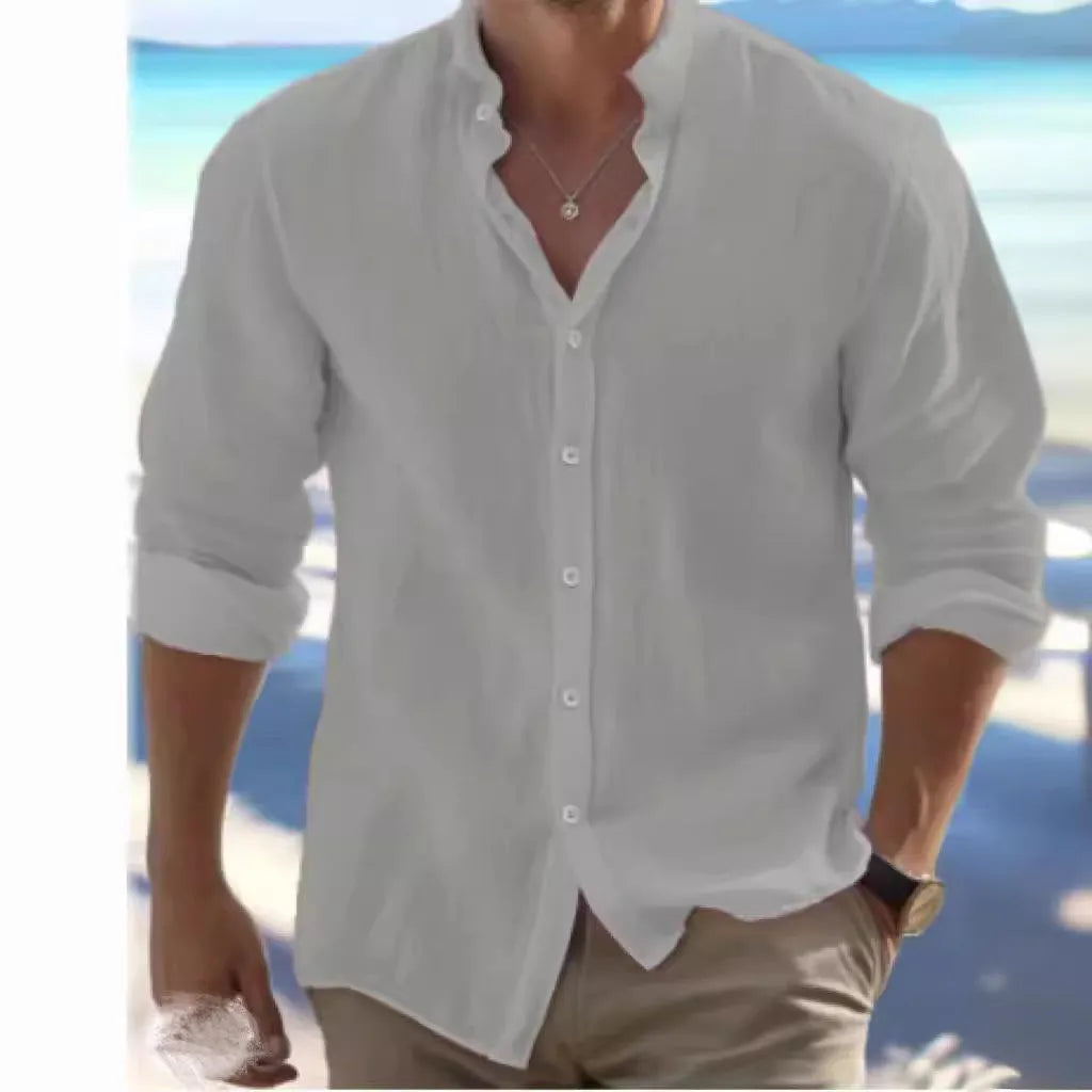 Men's casual light grey cotton pullover beach shirt with collage stitching detail.