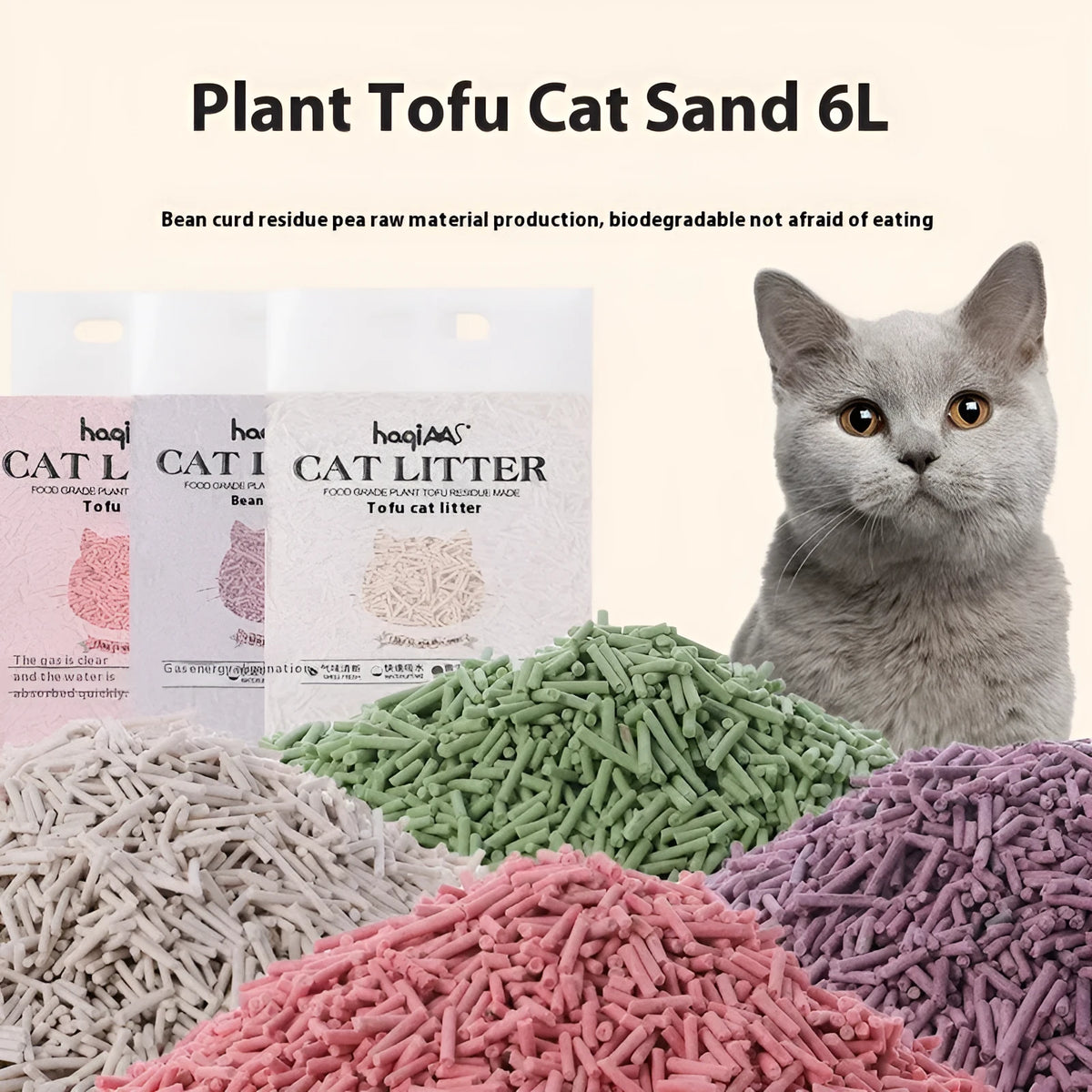 Tofu cat litter 6L green tea scented 4.6kg pack made from soybean curd residue, starch and guar gum