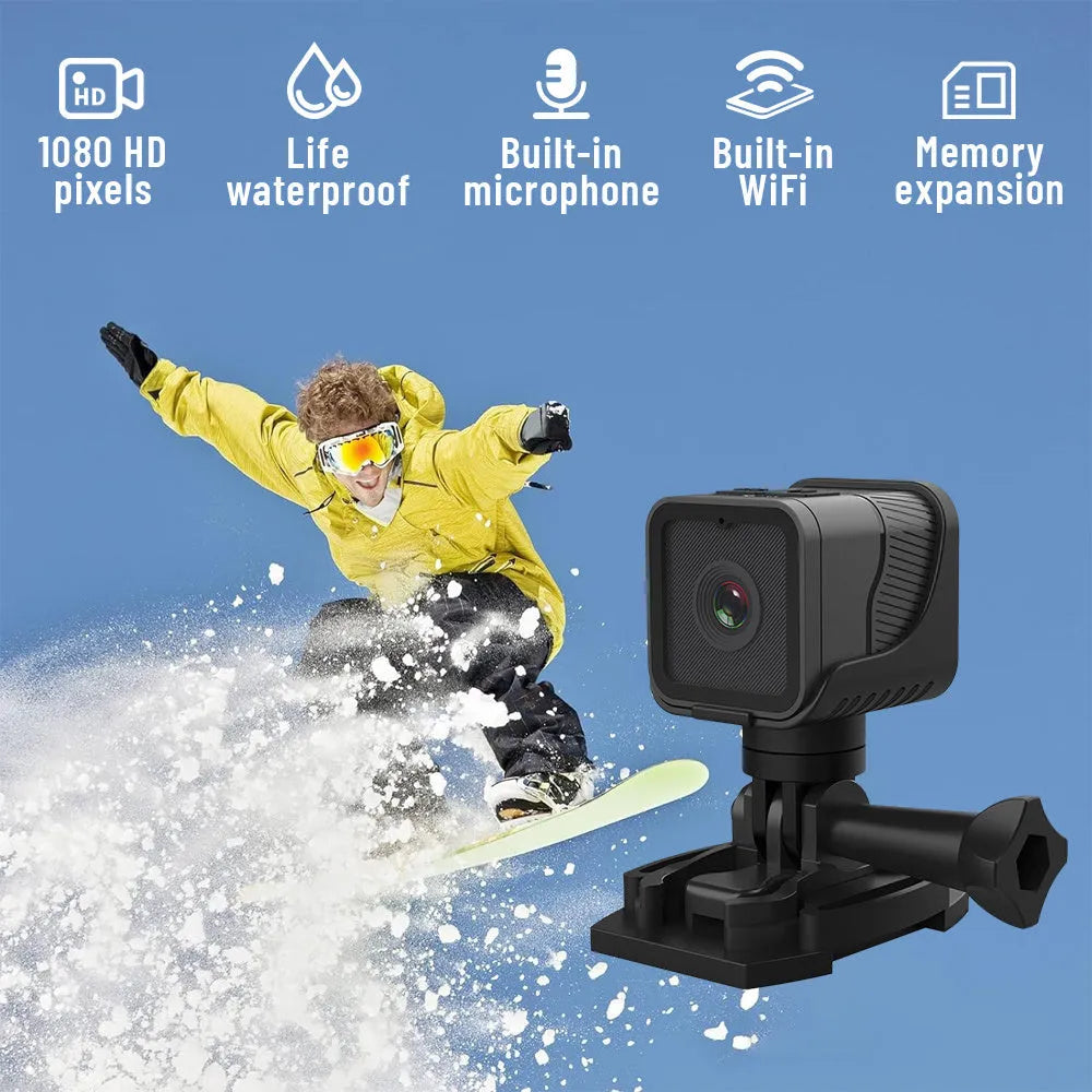 Z03 black outdoor sports waterproof HD 1080p camera with WIFI remote control, shown with mounting base and USB cable