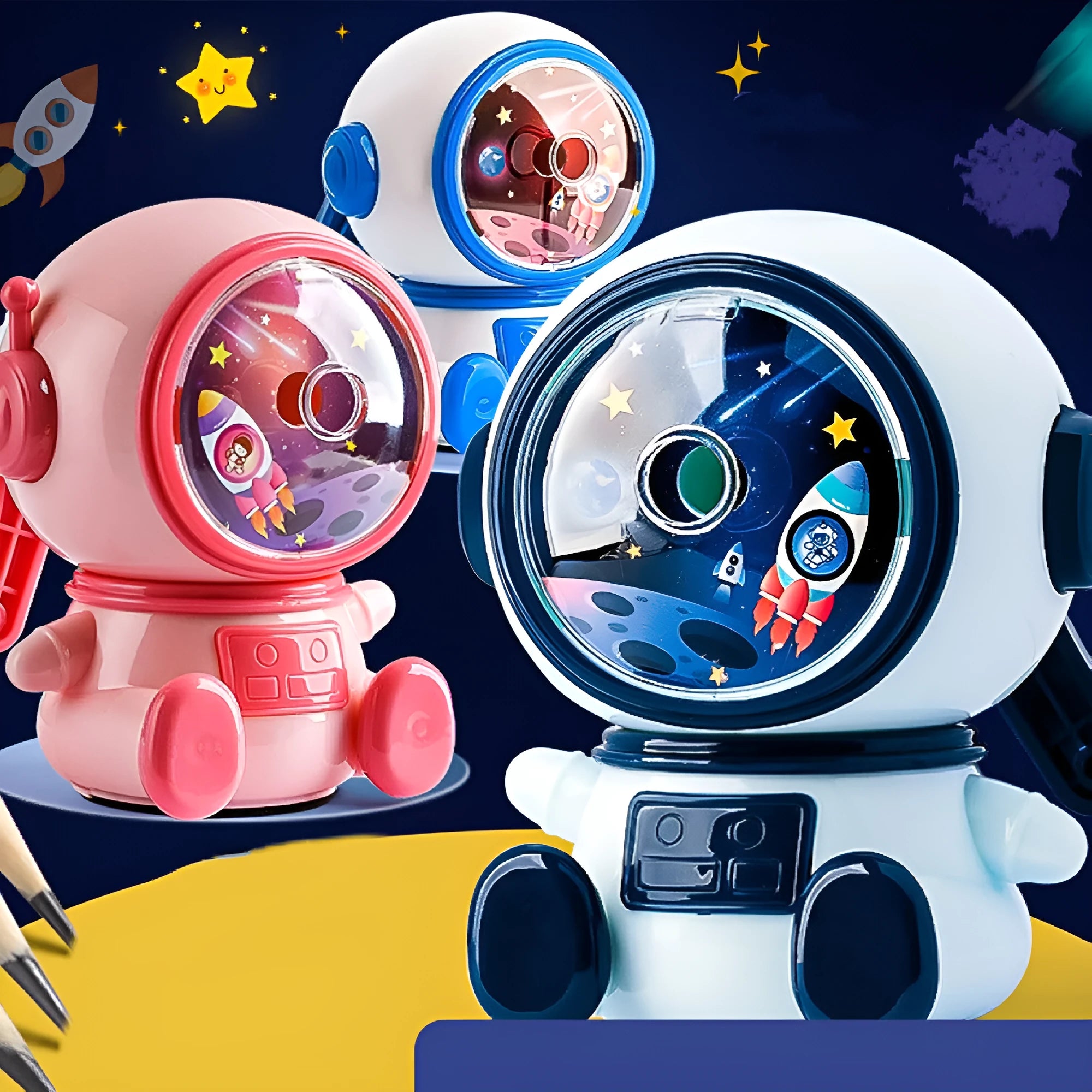 Blue cartoon astronaut manual pencil sharpener with adjustable blades on a white background.