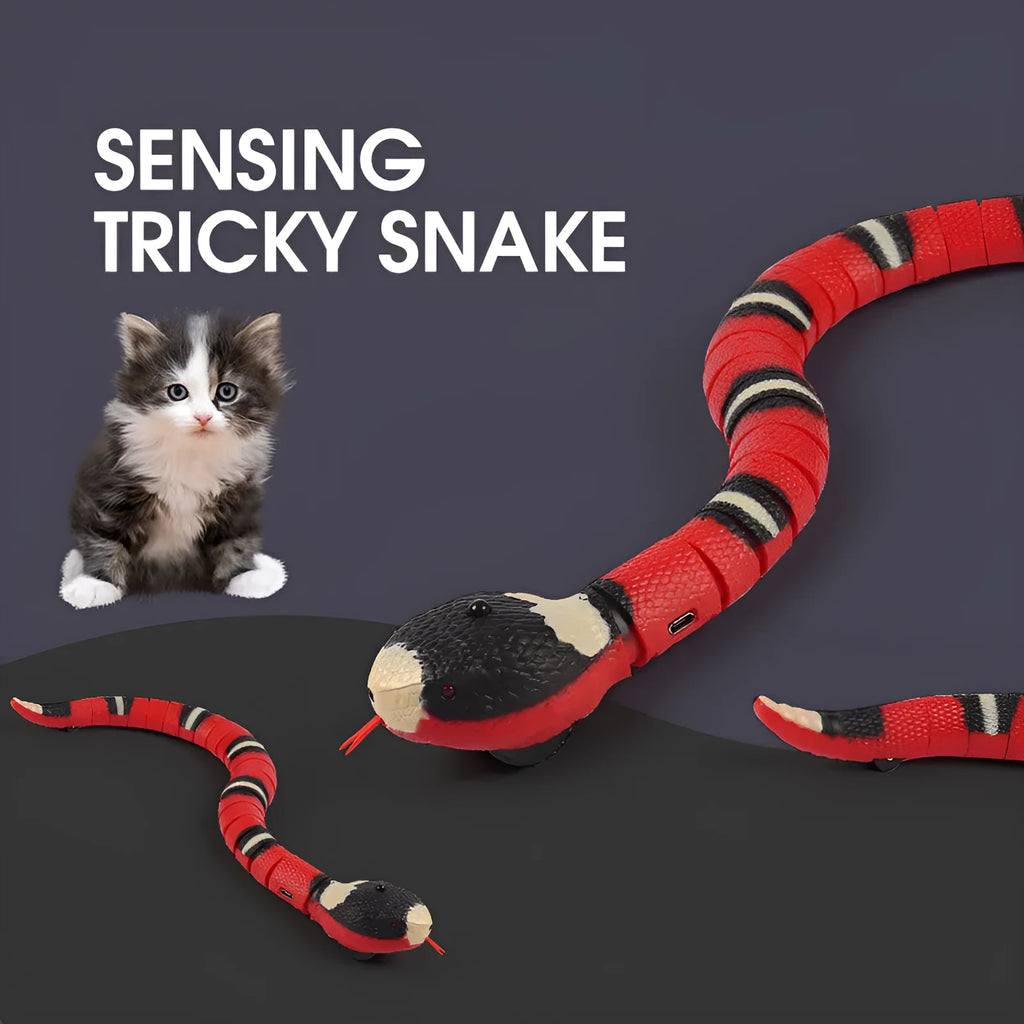 Electronic snake cat toy with realistic cobra design showing segmented body and USB charging port