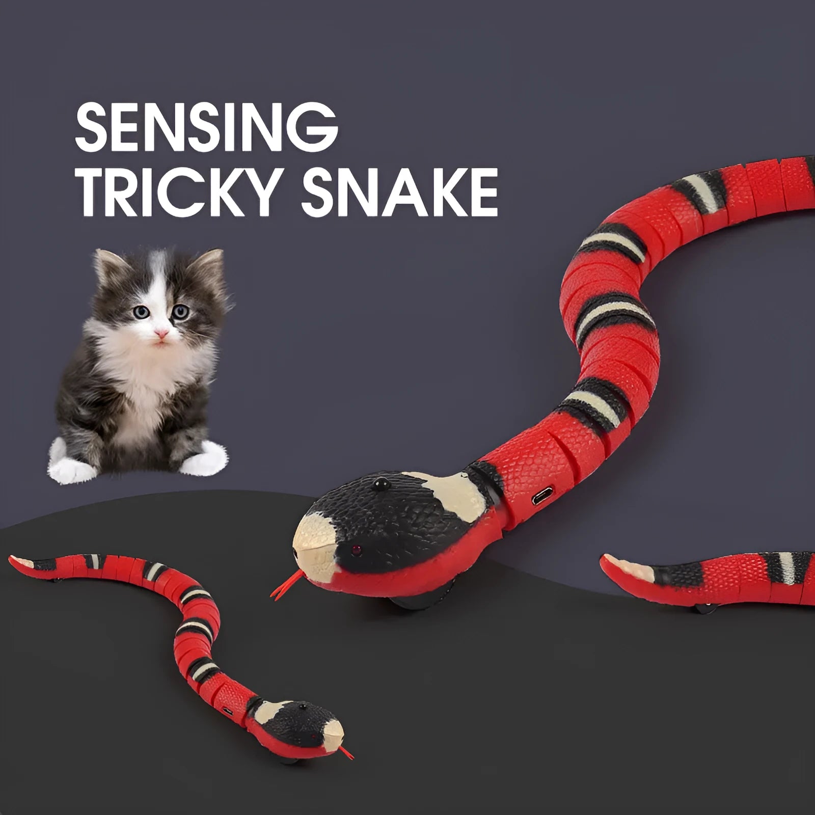 Electronic snake cat toy with realistic cobra design showing segmented body and USB charging port