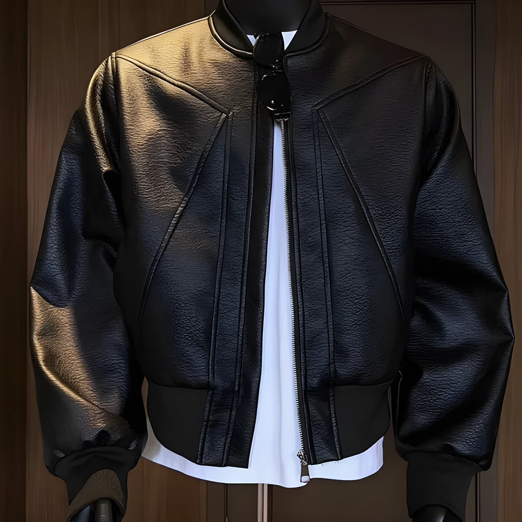 Black extended-length tight-fit PU leather jacket for men on a hanger.