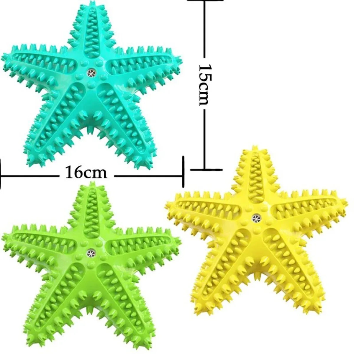 Edible TPR starfish dog toy for large breeds in blue green yellow colours with squeaker