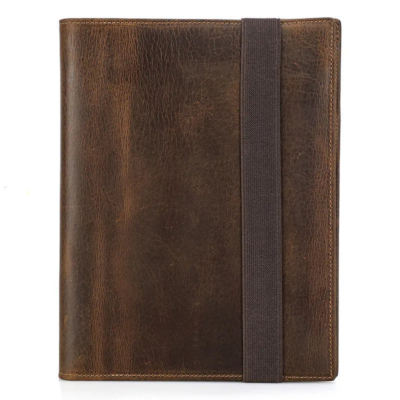Brown Crazy Horse leather A5 notebook protective sleeve with square socket style design