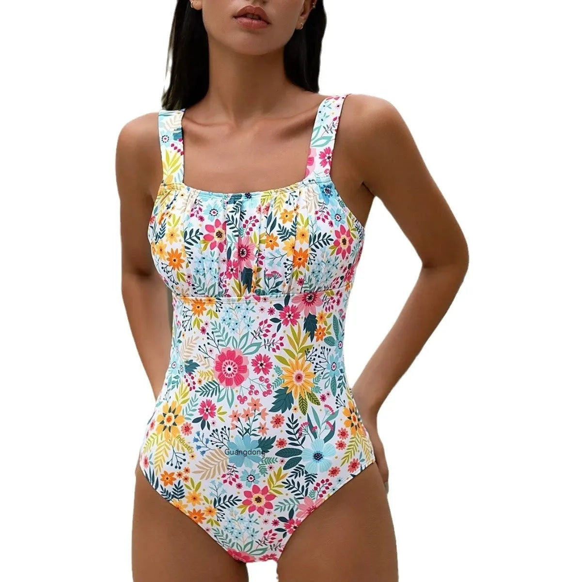 Women's pastoral floral print one-piece swimsuit with full coverage