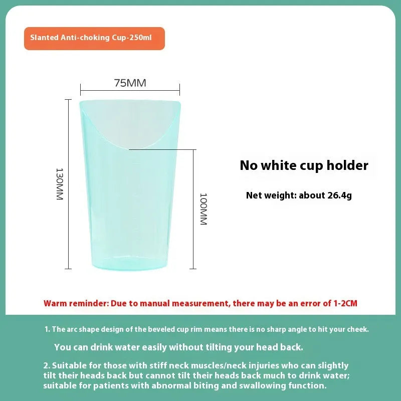 Oblique mouth choke-proof drinking cup for elderly and pregnant users in bed, with optional wrist splint handle.