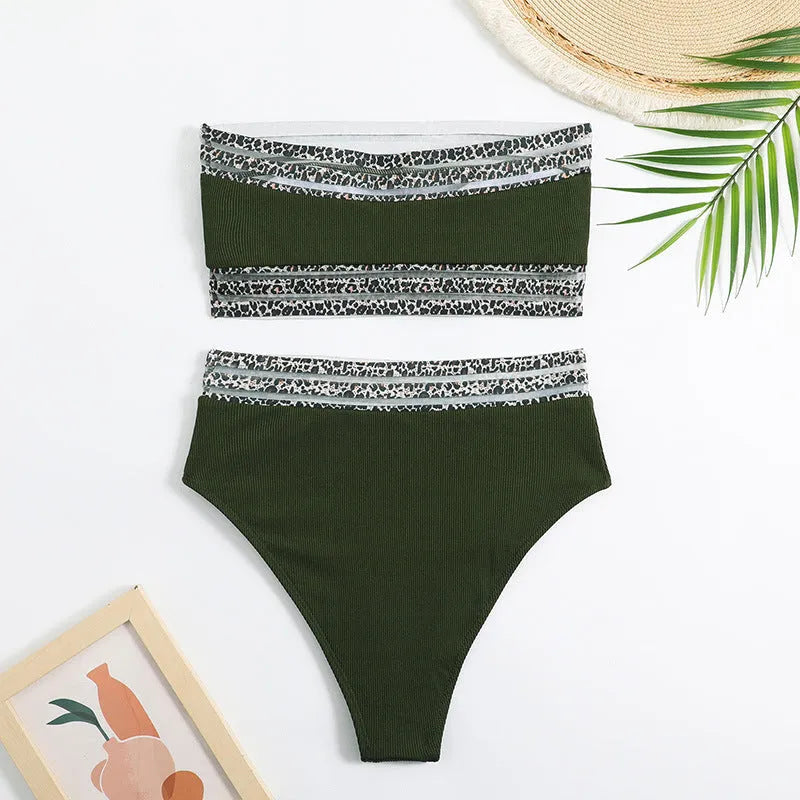 Black strapless split swimsuit with leopard print detail and high elasticity fabric
