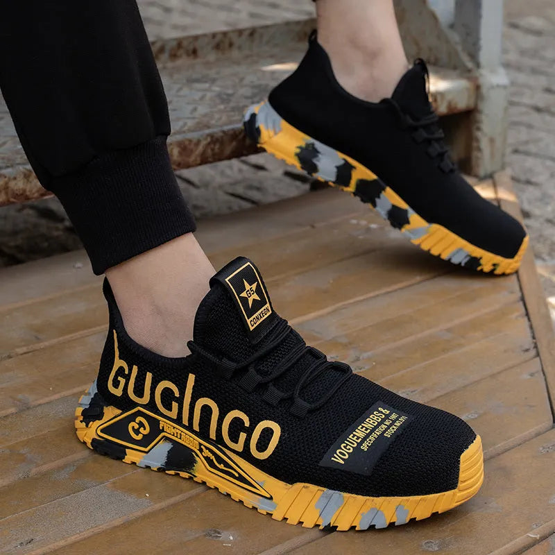 Steel toe work shoes for men, puncture proof sneakers, fly woven mesh upper, rubber sole, sizes 36-48