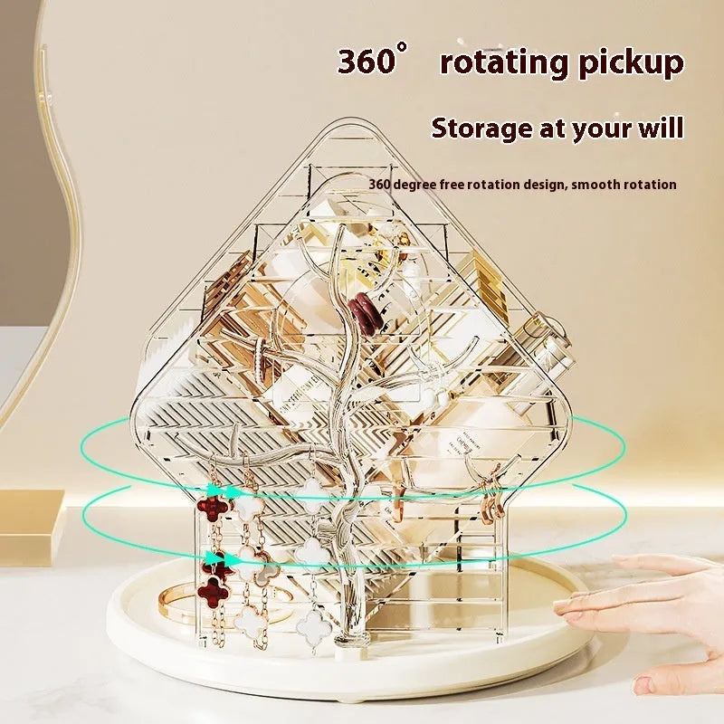 Rotating cosmetics storage box in Amber Gold colour on a vanity.
