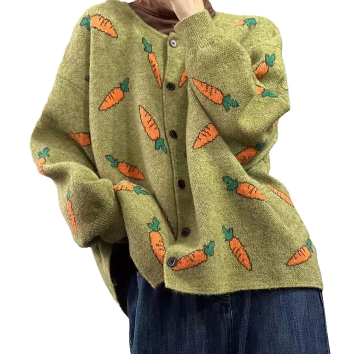 Loose round neck cardigan with Mori artistic colour contrast printing, viscose fabric