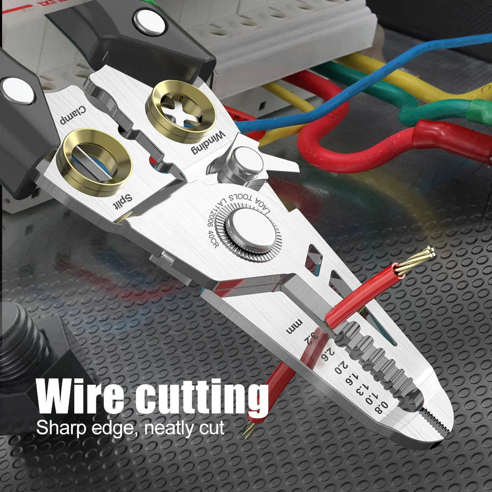 Multifunctional stainless steel wire stripper with two-colour handle and seven stripping apertures