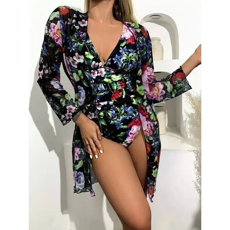 Women's floral pattern bikini three-piece swimsuit set with matching cover-up coat