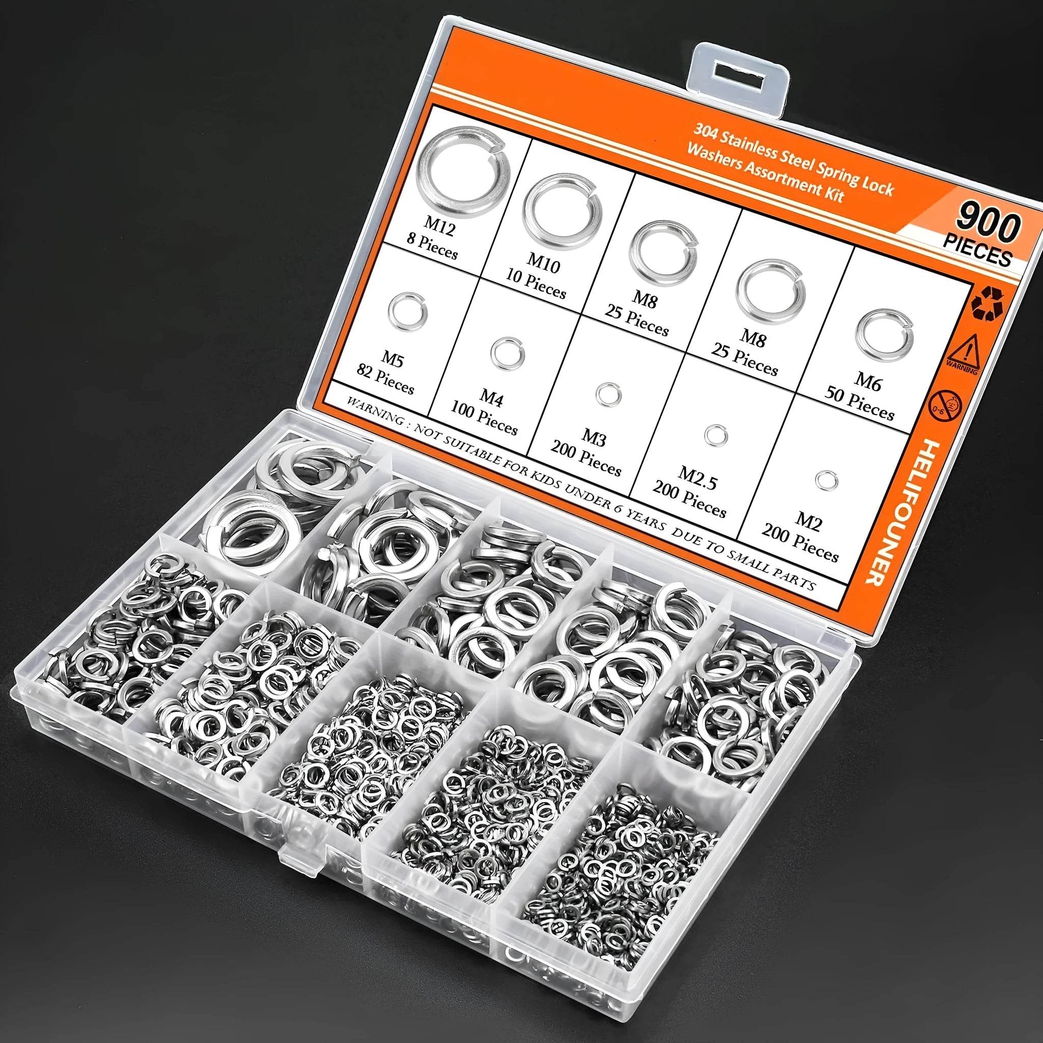 304 stainless steel spring lock washer combination box with 900 pieces in various sizes from 2-12mm inner diameter