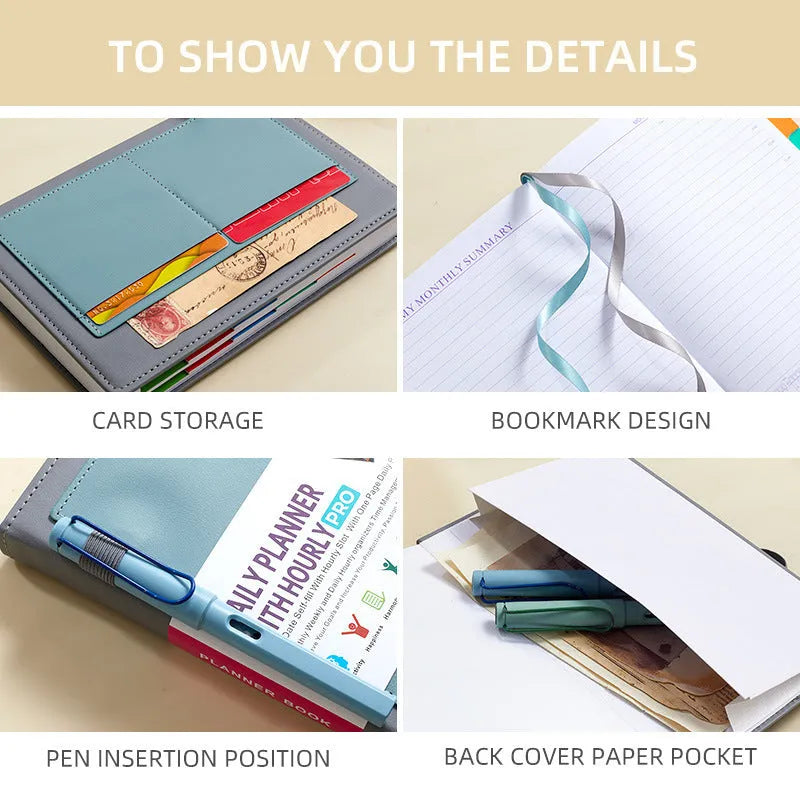 Undated A5 notebook with strap closure in purple PU cover, lying open on flat surface