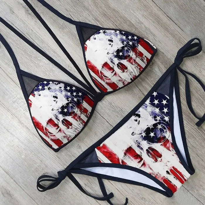 3D printed lace up bikini set for summer with graphic customisation, sleeveless top and pants in colour BAD82