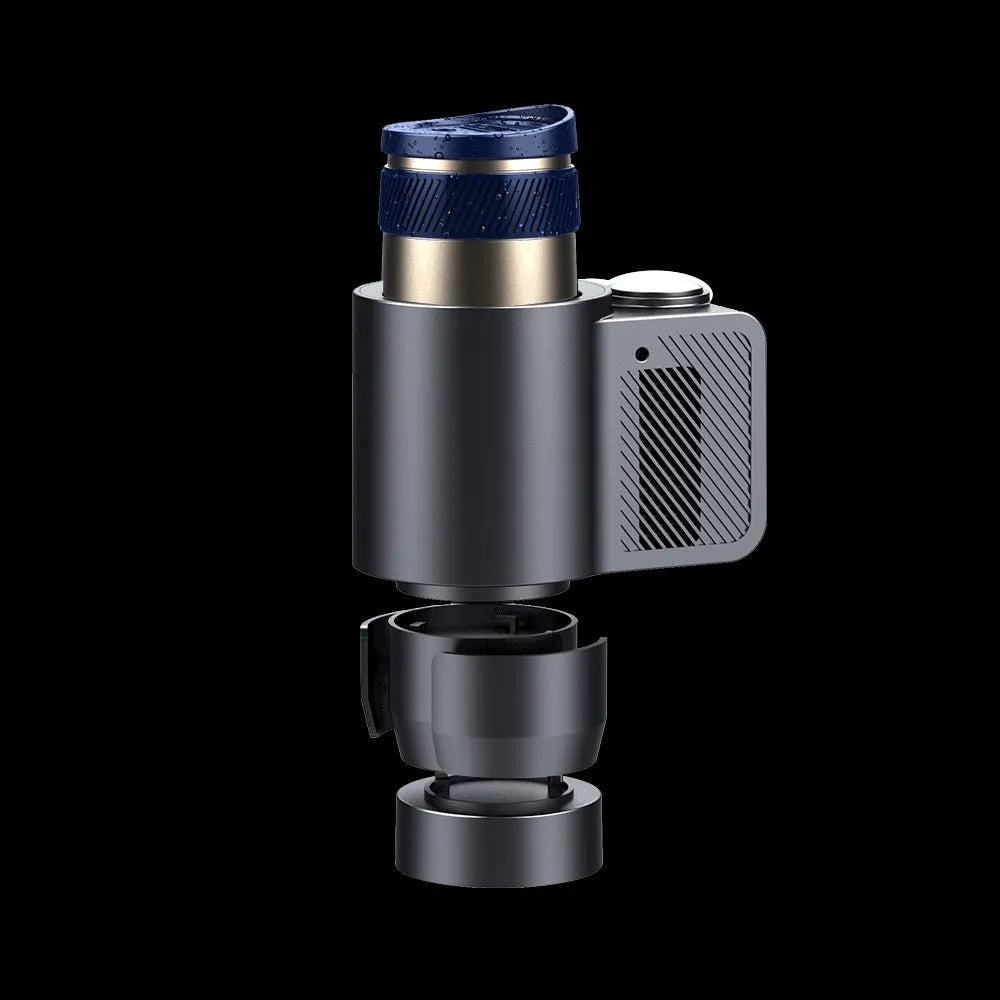 Smart portable car hot cold coffee cup with digital temperature display, ABS and aviation aluminium, on a car console