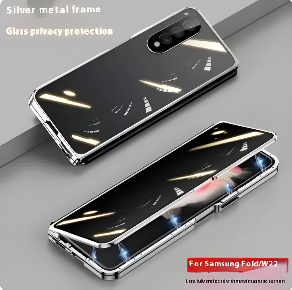 Magnetic suction fully wrapped glass phone case for Samsung Z Fold 2, 3, and 4, in HD silver colour