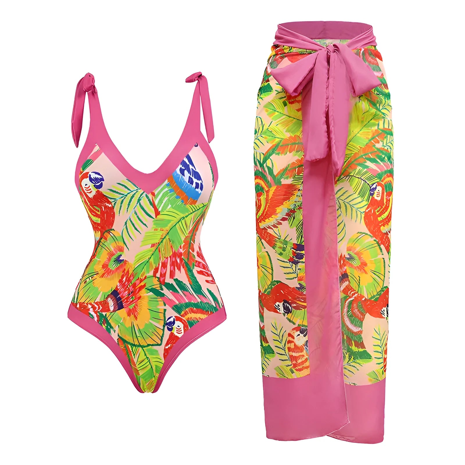 Women's solid colour one-piece swimsuit with spaghetti straps and a matching skirt