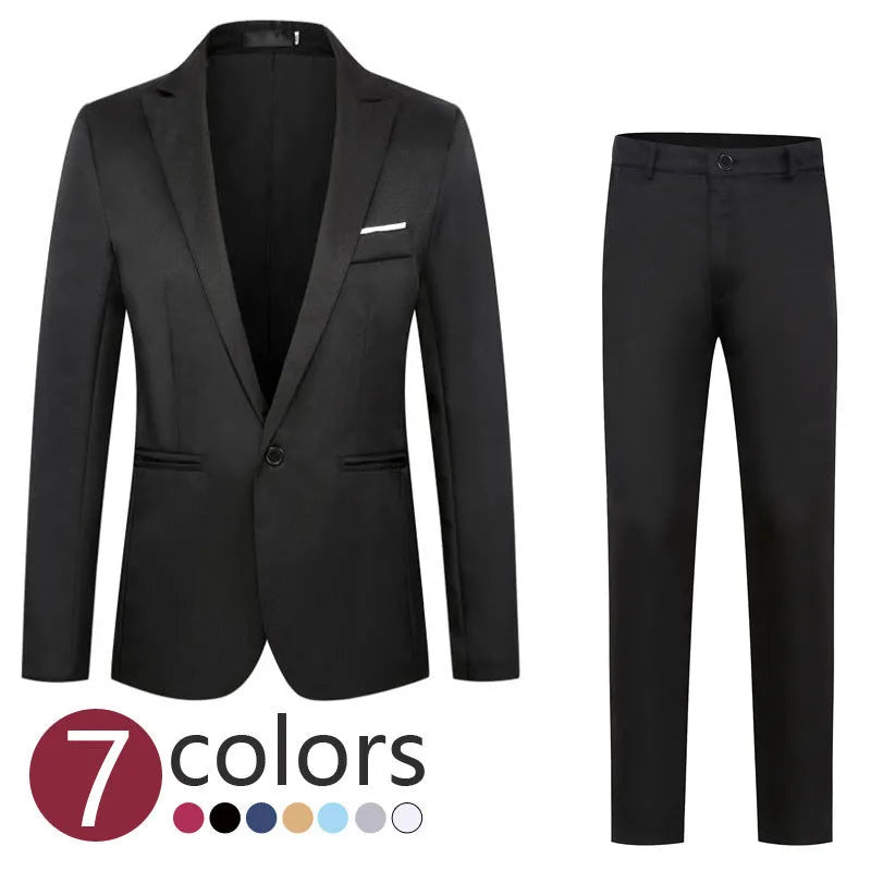 Men's loose fit wedding suit jacket in acetate fabric shown in multiple colours including black, blue, and wine red.