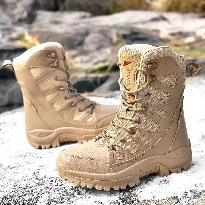Cowhide leather hi-top hiking shoes with platform soles in beige, black and brown colour options
