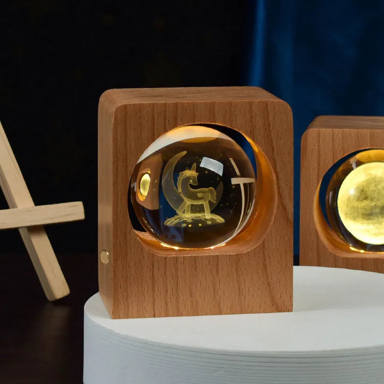 Beech crystal ball night light with 3D laser engraved jellyfish pattern on wooden base, USB dimmable lamp for bedroom