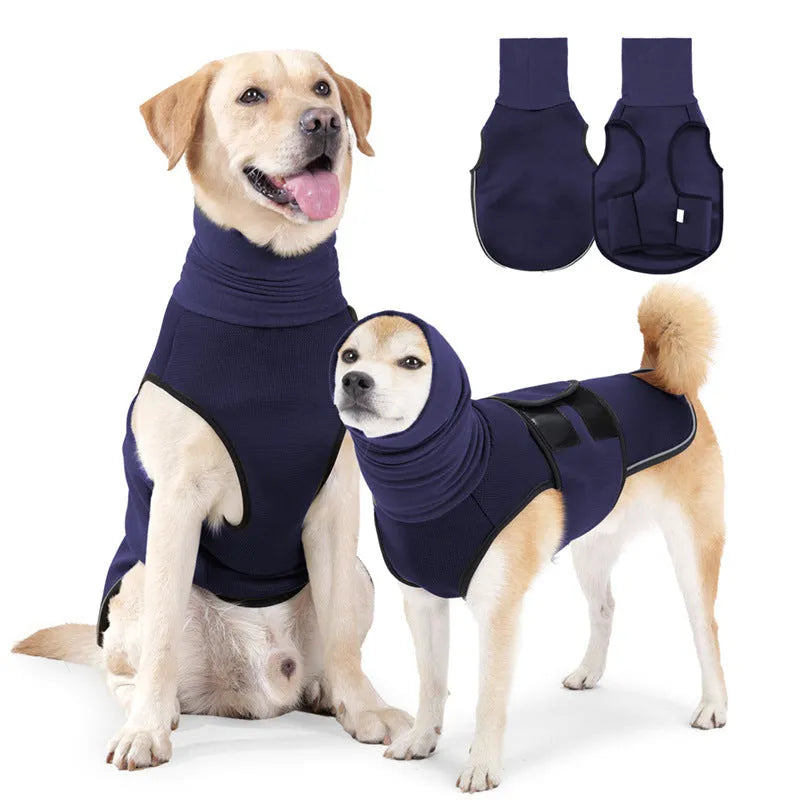 Dog wearing army green anti-anxiety jacket for calming support during stressful situations
