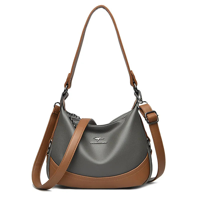 Fashion ladies large capacity shoulder bag in PU leather, horizontal square shape, 30x8x21cm, apricot with khaki colour